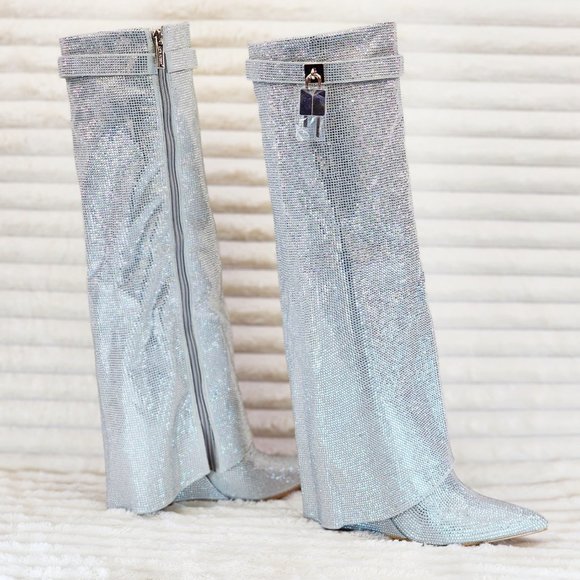 Super Sparkle Sharky Silver Rhinestone Skirted Fold Over Wedge Heel Knee Boots - Picture 3 of 12